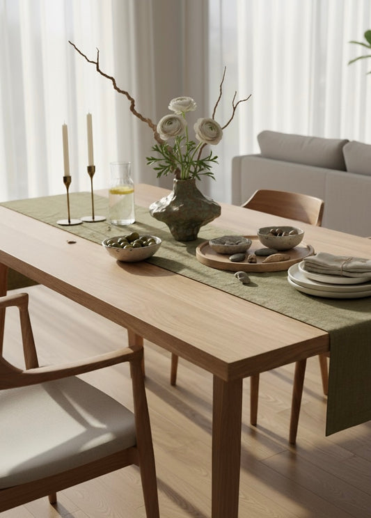 Washed Linen Table Runner – Soft, Rustic & Elegant for Dining Table in Grass