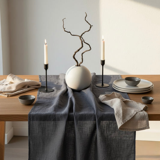 Washed Linen Table Runner – Soft, Rustic & Elegant for Dining Table in Dark Grey