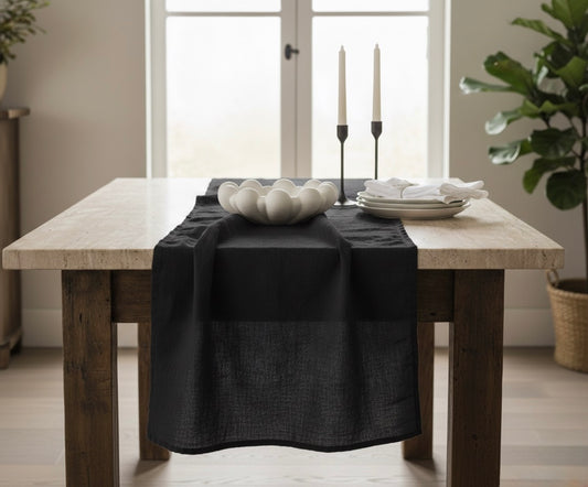 Washed Linen Table Runner – Soft, Rustic & Elegant for Dining Table in Black